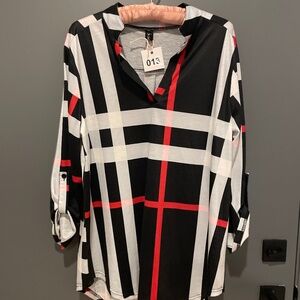 Geometric Black, White, & Red Blouse